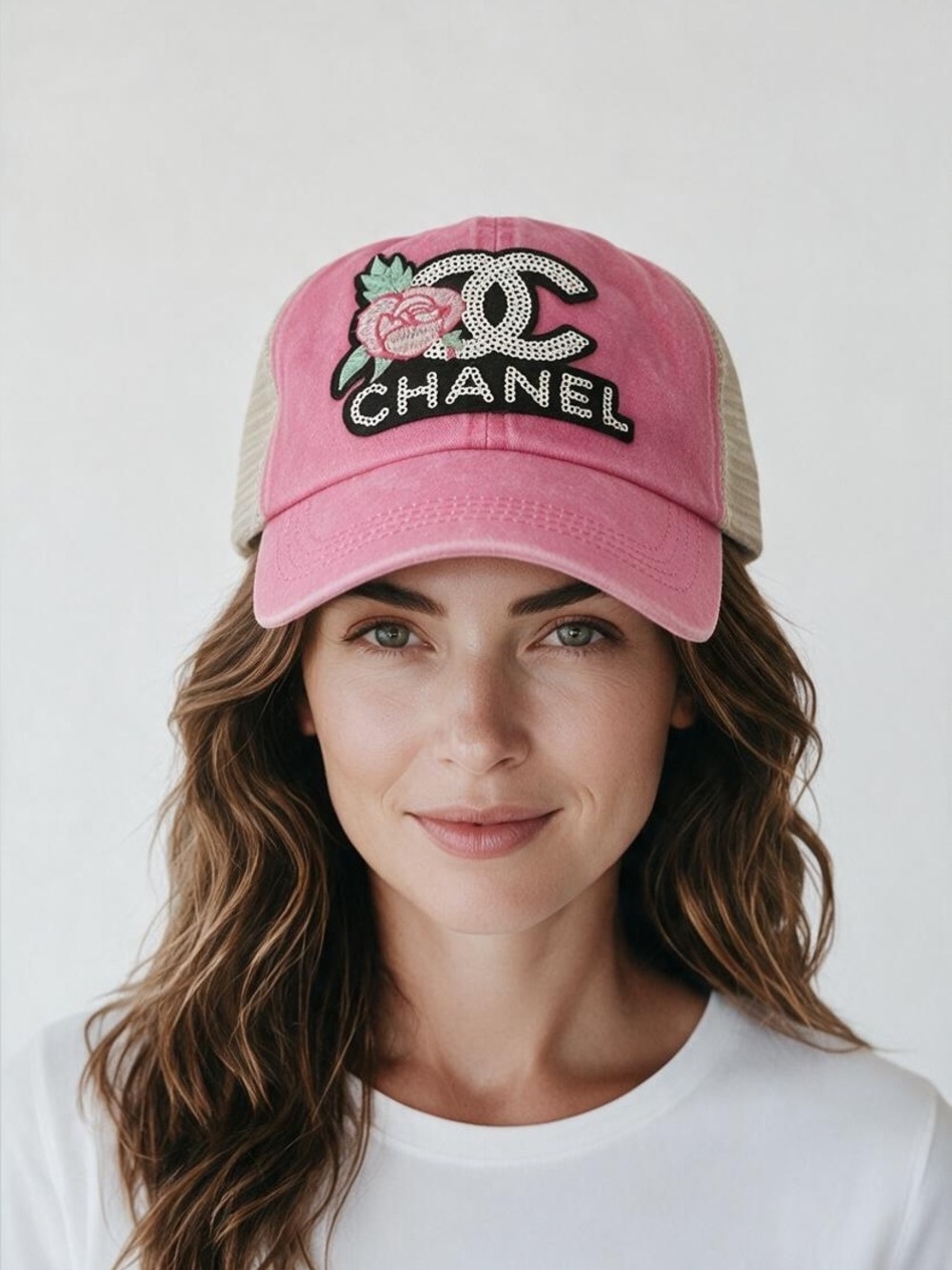 Inspired Pink trucker hat with silver sequin patch
